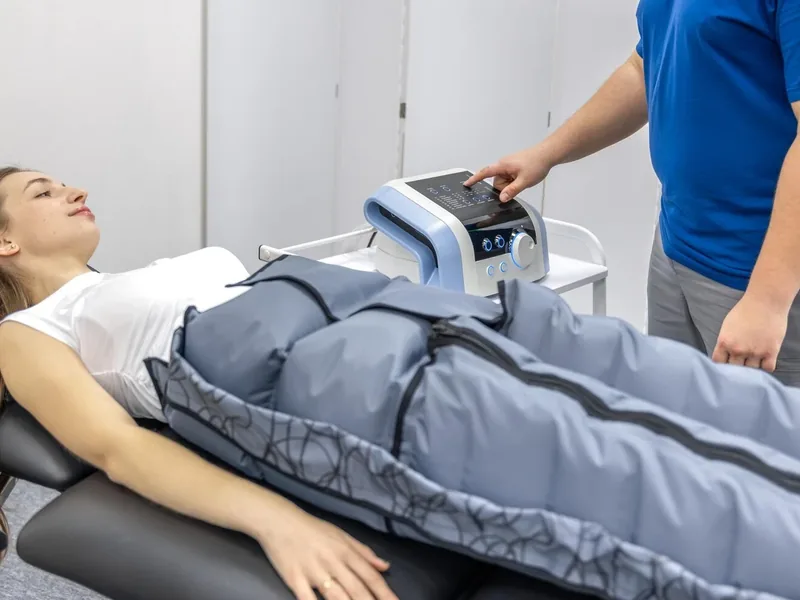 A cold compression wrap fitted around a patient&rsquo;s knee at Amplify Physical Therapy and Wellness in Bolingbrook