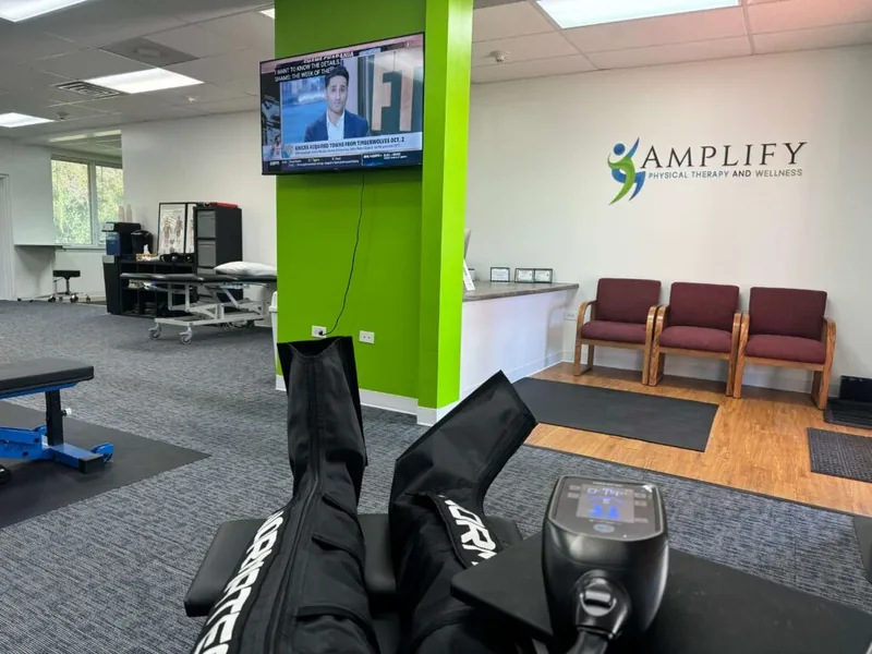 Hypervolt handheld percussion device used on a patient&rsquo;s calf during a one-on-one visit at Amplify Physical Therapy and Wellness in Bolingbrook